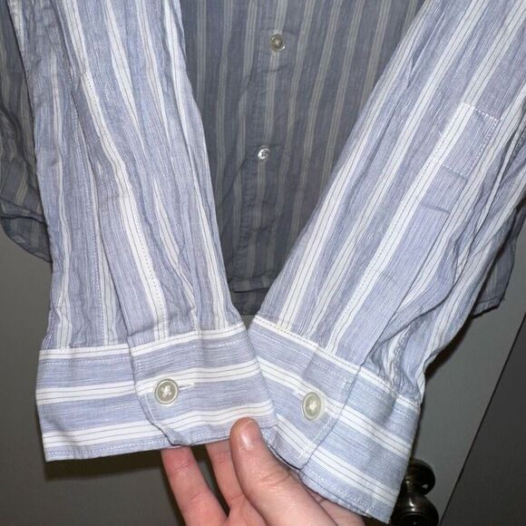 Theory Womens Blue White Linen Blend Button Down Shirt Large EUC - Picture 4 of 12